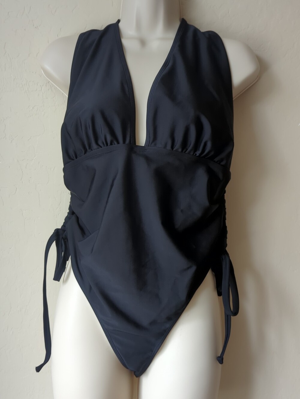 Forever 21+ One Piece Bathing Suit Sz 2+ Plunging Neckline Ties Black